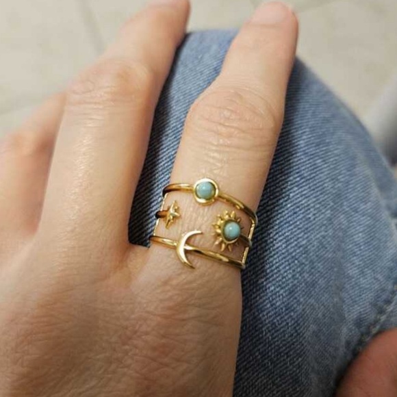 Gold & Turquoise Sun & Moon Ring – Vintage Style - Picture 6 of 6